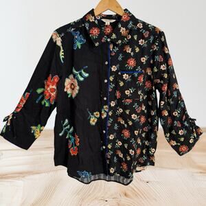 Tru Luxe Jeans Black Floral Print Cotton Button Up Shirt Blouse Sz L 3/4 Sleeves